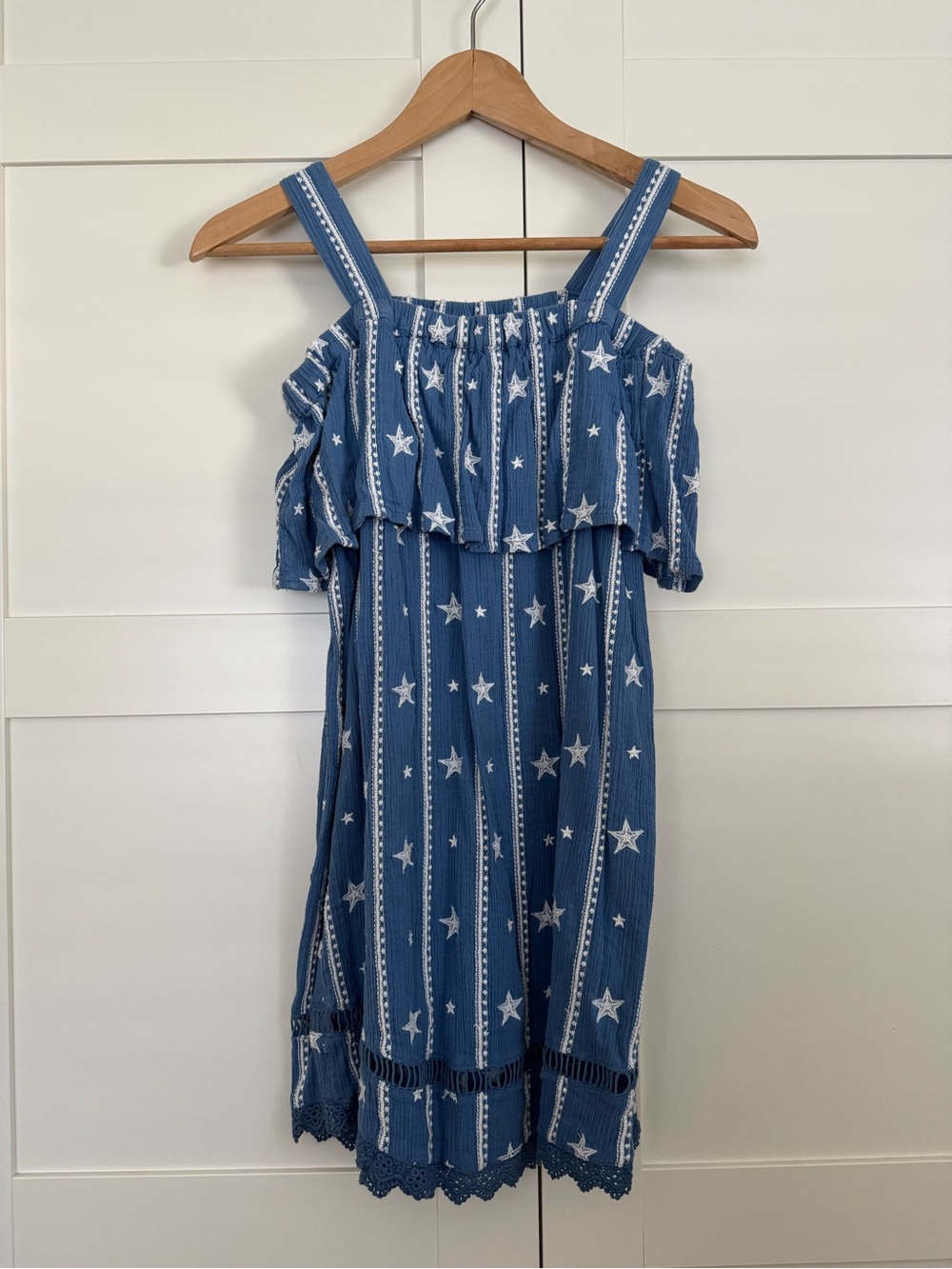Topshop petite embroidered stars blue ruffle lace hem mini dress